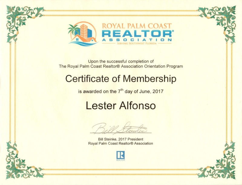 Royal Palm Coast Realtor Association Membership Certificate for Lester Alfonso