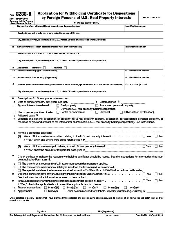 IRS Form 8288-B Application for Withholding Certificate for Dispositions by Foreign Persons of U.S. Real Property Interests