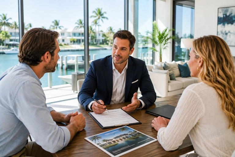 Types of brokerage relationships under Florida real estate law Florida real estate broker discussing brokerage relationships with buyer and seller during property consultation