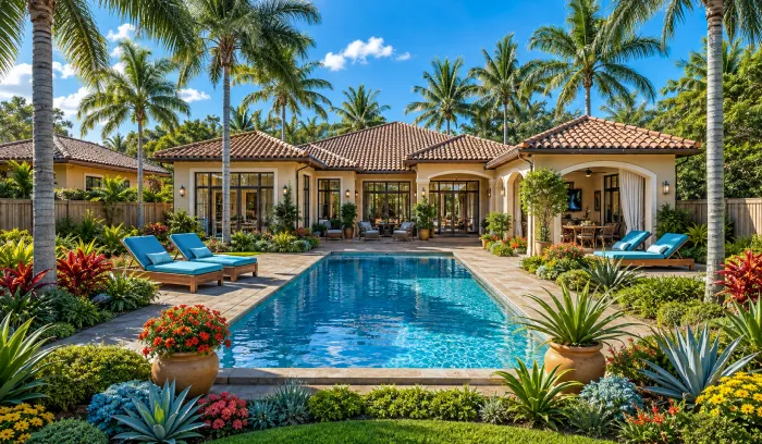 Single-Story Florida Pool Home with Tropical Backyard Single-story Florida pool home with tropical landscaping, palm trees, and a large pool surrounded by lounge chairs and vibrant plants