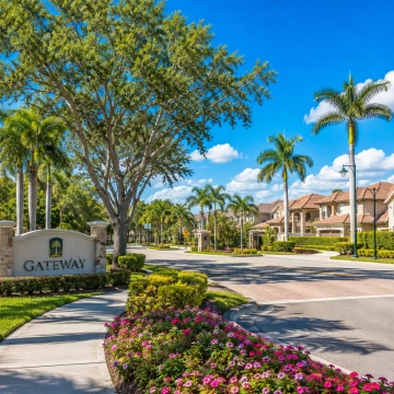 Palm-lined residential streets and landscaped entrance representing the Gateway area of Fort Myers