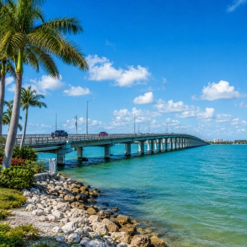 Coastal waterfront view with palm trees and bridge near Iona and Punta Rassa in Fort Myers