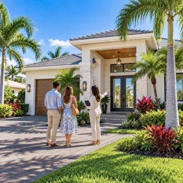 Compradores de su primera vivienda visitando una casa en el suroeste de Florida con una agente inmobiliaria
