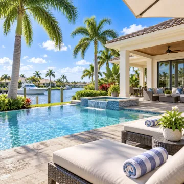 Vivienda frente al agua en el suroeste de Florida con piscina y área exterior tropical