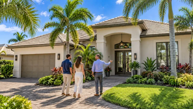 Compradores visitando una vivienda en el suroeste de Florida con un agente inmobiliario